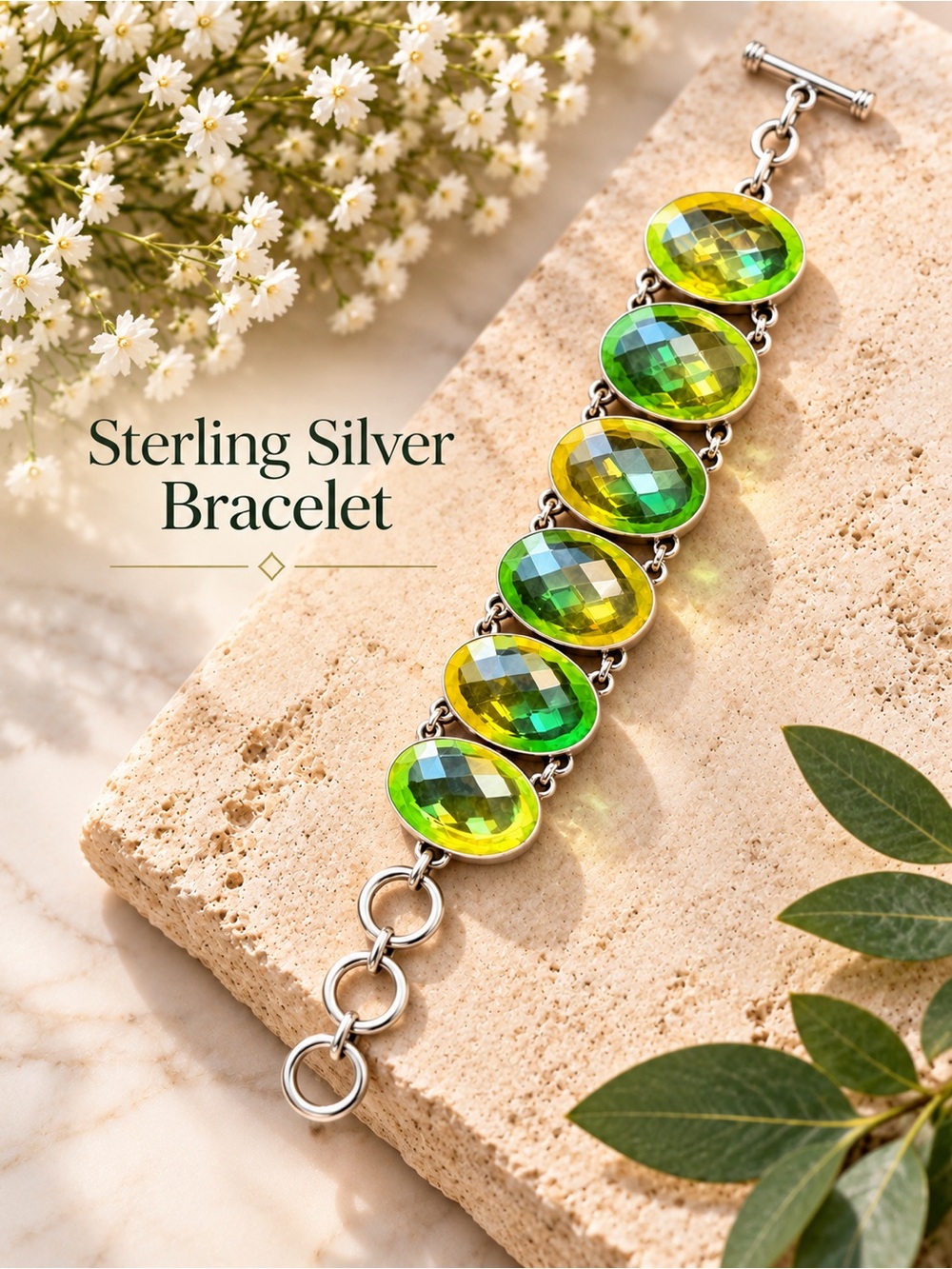 925 Sterling Silver Green Gemstone Statement Bracelet